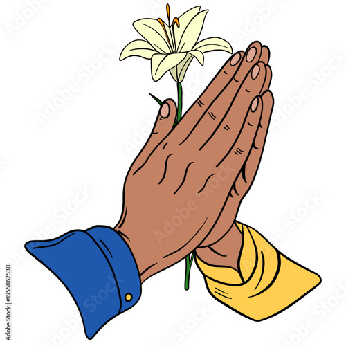 Hand-drawn illustration of praying hands holding a delicate lily branch. Spiritual and symbolic artwork combining faith, purity, devotion, and peace
