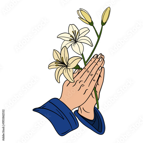 Hand-drawn illustration of praying hands holding a delicate lily branch. Spiritual and symbolic artwork combining faith, purity, devotion, and peace