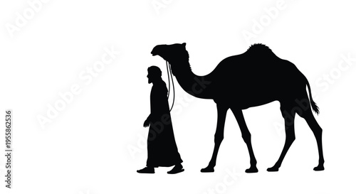 Bedouin man leads a camel across desert sands striking silhouette
