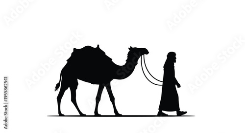 A nomadic traveler and camel journey across a desert landscape silhouette