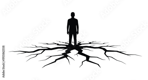 A lone figure stands above fractured ground stark black silhouette