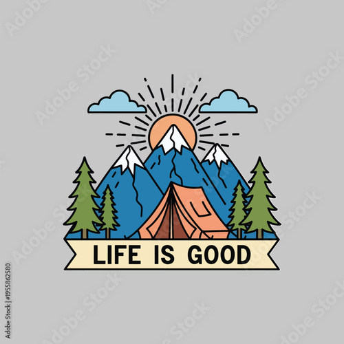 Enjoyable mountain camping scene vector graphic, showcasing nature, adventure, and outdoor recreation.