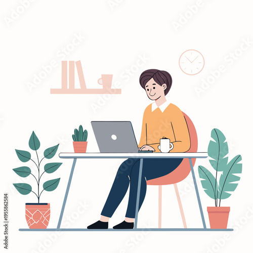 Modern flat style illustration of freelancer working on laptop in a clean and minimal workspace.