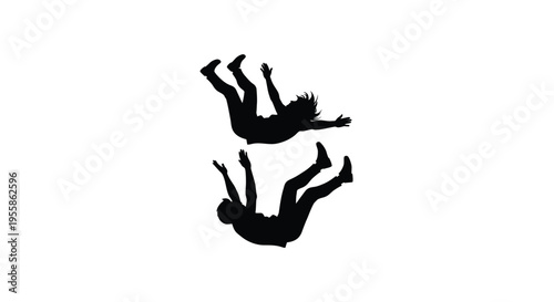Two figures falling dramatically against a white background silhouette