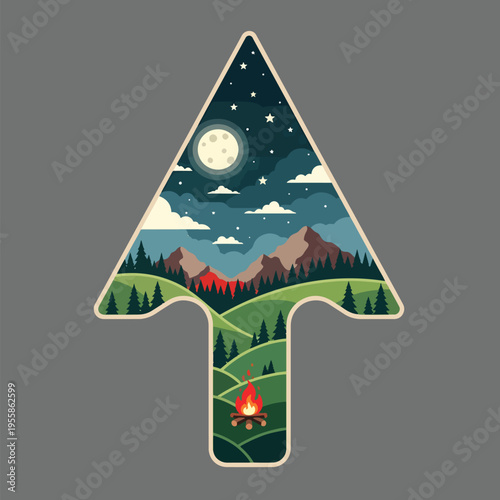 Arrow-shaped vector illustration of a serene mountain night landscape with a glowing campfire.