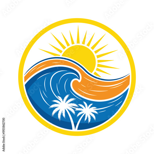 Stylized Beach Scene Emblem: Bright Sun, Crashing Wave, and Tropical Palm Trees
