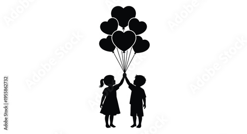 Children holding heart shaped balloons a joyful black silhouette