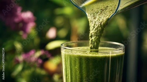 A thick green smoothie is poured into a transparent glass, set against a lush garden background with blurred flowers. The image evokes freshness, vitality, and a nutritious plant based diet