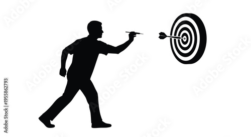 Man throwing a dart at a target a striking black silhouette