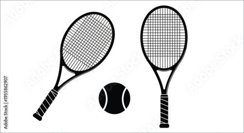 Two tennis racquets and a ball depicted in stark black silhouette