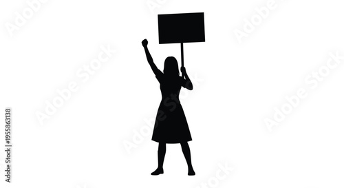 Woman raising fist with a sign a dramatic black silhouette
