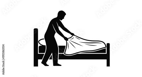 Man making a bed a stark black silhouette