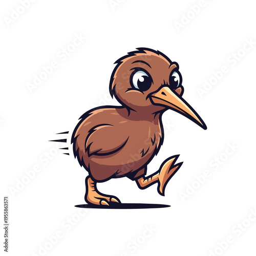 A vector illustration of a running Kiwi bird in a cartoon style, depicted in brown tones on a white background. Perfect for wildlife designs, educational materials, and conservation