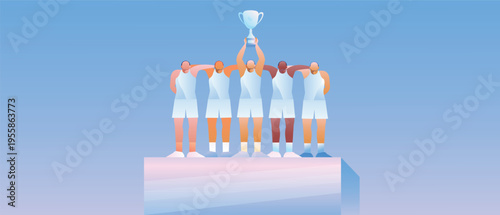 Flat illustration of a winning sports team celebrating victory with a trophy on a podium. Diverse group of athletes standing together, symbolizing teamwork, success, leadership and achievement