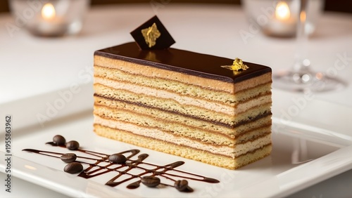 Classic French Opera Cake Slice with Glossy Chocolate Finish, Layered Coffee Cream Texture, Gourmet Pastry Concept, Elegant Presentation Style