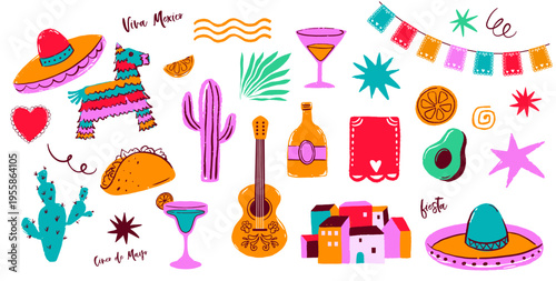 Cinco de Mayo Mexican holiday celebration. Hand-drawn fiesta decorative elements and symbols collection. Mexico icons set.