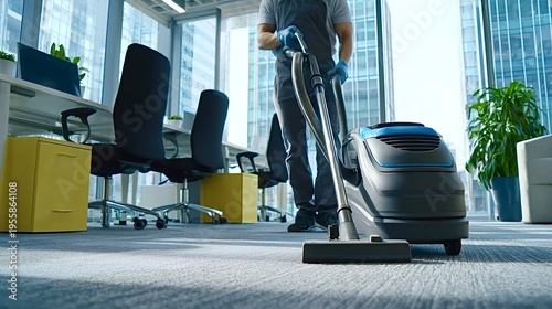 Commercial cleaner vacuuming office carpet providing hygiene service