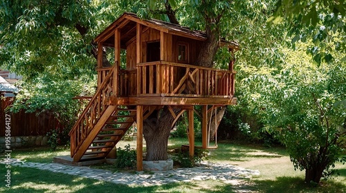 Wooden treehouse in backyard garden offering childhood adventure play escape