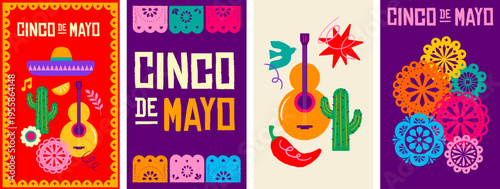 Cinco de Mayo Mexican holiday celebration vertical poster, banner and greeting card designs.