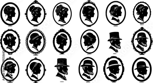 Vintage silhouette collection of Victorian profile portraits featuring classic hairstyles and gentleman hats in elegant oval frames for heritage design 