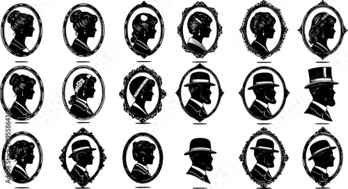 Vintage silhouette collection of Victorian profile portraits featuring classic hairstyles and gentleman hats in elegant oval frames for heritage design 