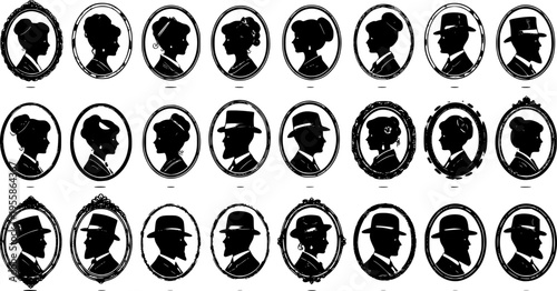 Vintage silhouette collection of Victorian profile portraits featuring classic hairstyles and gentleman hats in elegant oval frames for heritage design 