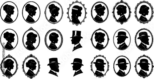 Vintage silhouette collection of Victorian profile portraits featuring classic hairstyles and gentleman hats in elegant oval frames for heritage design 