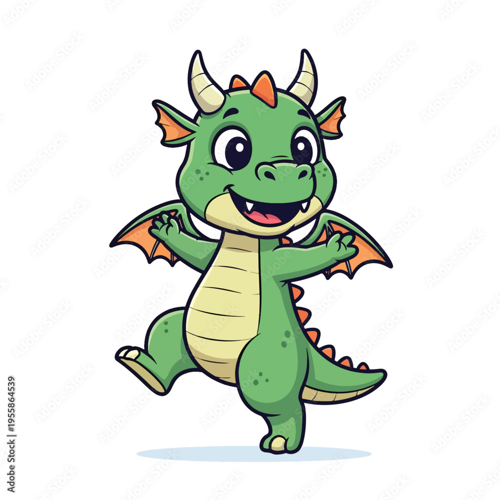 Fototapeta premium Joyful Little Dragon Character Dancing Playfully on White Background - Cute Vector Illustration