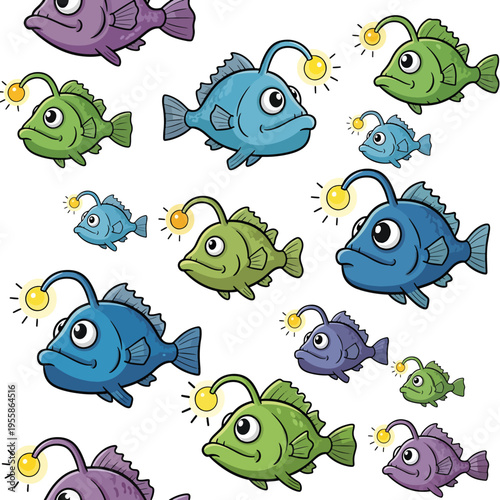 Vibrant Vector Pattern of Adorable Deep-Sea Anglerfish with Glowing Lures