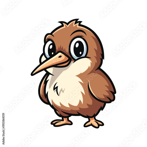 A cartoon kiwi bird standing with a surprised expression on a white background. Perfect for wildlife illustrations, educational materials, children's books.