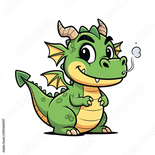 Adorable green cartoon dragon illustration exhaling smoke, a friendly mythical creature character design