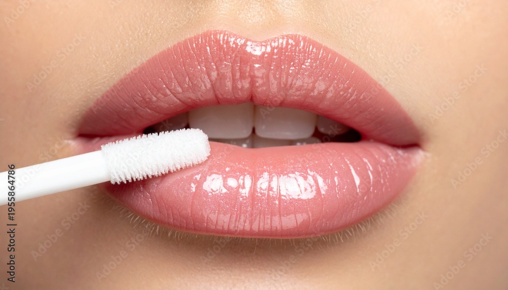 Naklejka premium Close-up of glossy lips with lip applicator