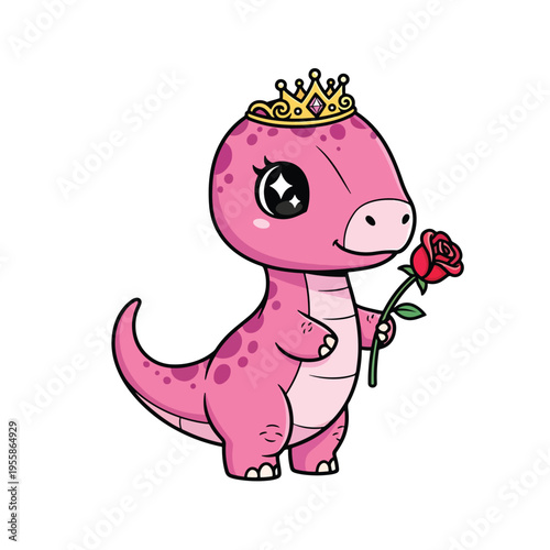 Adorable Pink Dinosaur Princess Character Holding a Vibrant Rose, Charming Vector Illustration