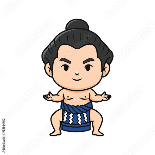 Cute Cartoon Sumo Wrestler in Traditional Stance, Ready for a Match, Vector Illustration