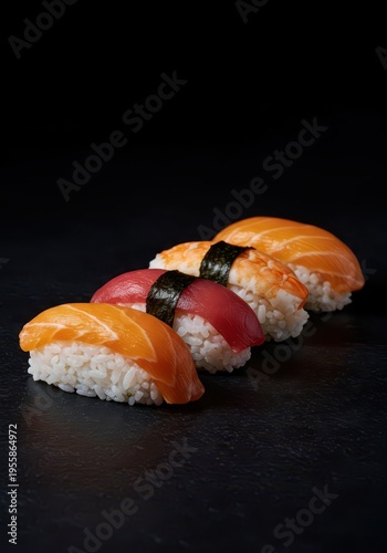 Elegant close-up of premium assorted fresh sushi nigiri pieces artistically arranged and displayed dramatically against a deep, dark black background, delicious, nigiri, delicacy