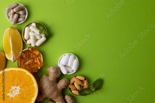 Natural supplements of various types and natural ingredients to maintain health on a bright background