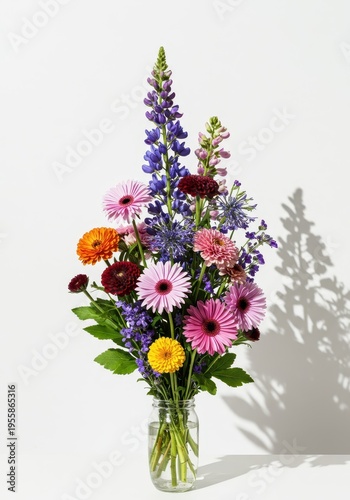 Lush, colorful arrangement of fresh seasonal flowers creating a stunning centerpiece, isolated against a brilliant bright white background, gift, fresh, beautiful