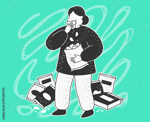 スナック菓子を頬張る女性 ゆるポップな線画イラスト