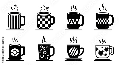 Set of eight black and white patterned coffee mugs with rising steam in various geometric and abstract designs vector illustration