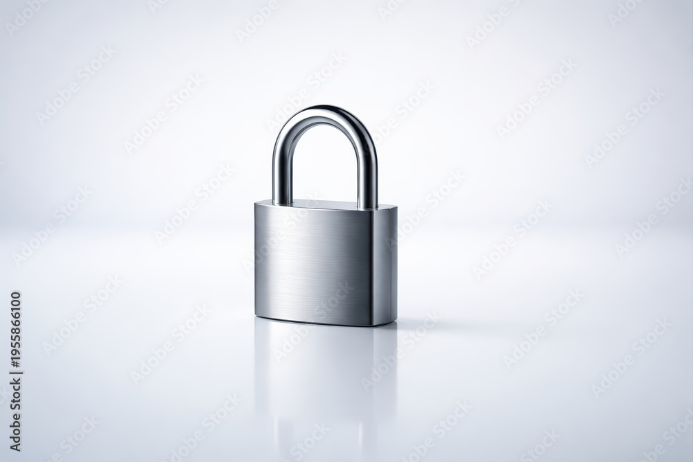 Naklejka premium Shiny metal padlock stands alone on smooth surface, symbolizing security and protection. Its sleek design and polished finish reflect light, creating modern aesthetic
