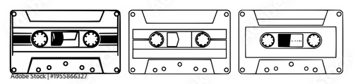cassette tape set with geometric line art design featuring vintage audio, stationery icon, isolated presentation with consistent stroke width and white background