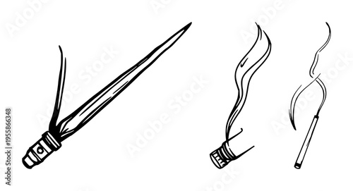 Incense stick smoking icon set with simple line art design featuring sketches, drawings, vector graphics with minimalist and simple illustrations