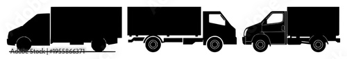 Delivery truck set with clean geometric outline icon featuring transport, logistics, freight with charcoal gray and flat two-dimensional