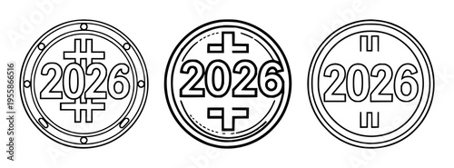 2026 token coin icon set with black outline flat design on white featuring digital token, cryptocurrency, finance with bold black outlines and flat vector
