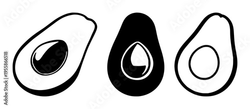 Avocado set with graphic vector of sliced avocado displaying pit shaped like heart featuring healthy lifestyle icon, solid black lines, white background with minimalism and nutrition