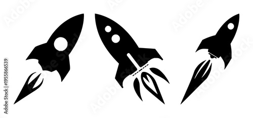 Minimalist vector icon of a black rocket ship launching upward at a diagonal angle on a solid white background. The silhouette features a circular porthole and three stylized engine blast lines, cr...