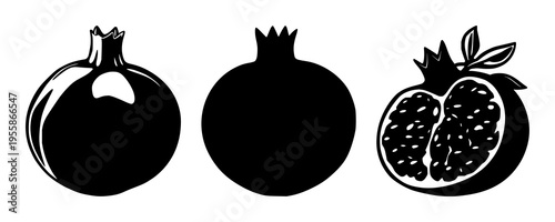 Pomegranate set with whole fruit illustration featuring superfruit theme, solid black lines, isolated on white with bold outlines and clean lines