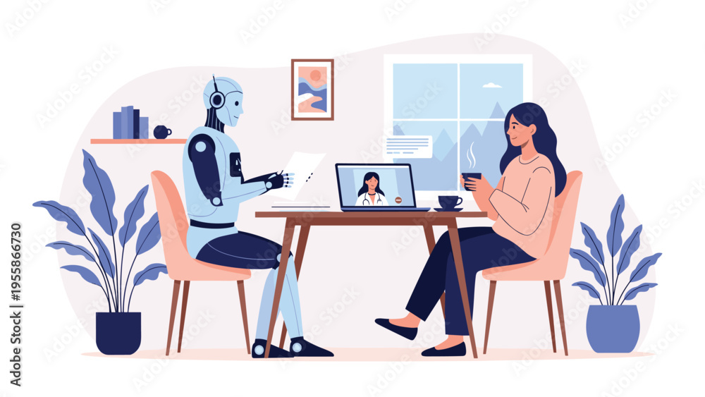 Fototapeta premium Woman having a medical teleconsultation using a laptop with a doctor on screen and robot assistant in her comfortable modern home office.