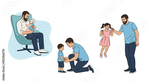 Montage of loving fathers spending quality time and playing with their children in various everyday domestic and outdoor family situations.