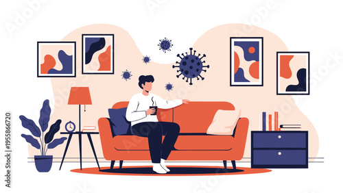 Young man sitting on an orange sofa drinking coffee while surrounded by floating virus icons representing pandemic quarantine at home.